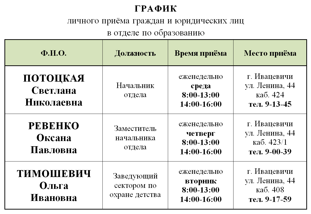 График личного приёма граждан в РОО - ВУЛЬКА-ОБРОВСКАЯ СШ